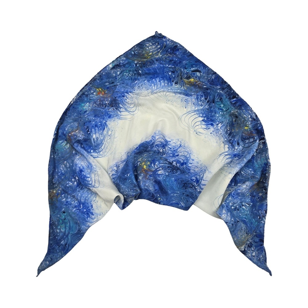 Vintage 70s Japan Silk Scarf Blue Marbled Ebru Print Square Artistic Swirl